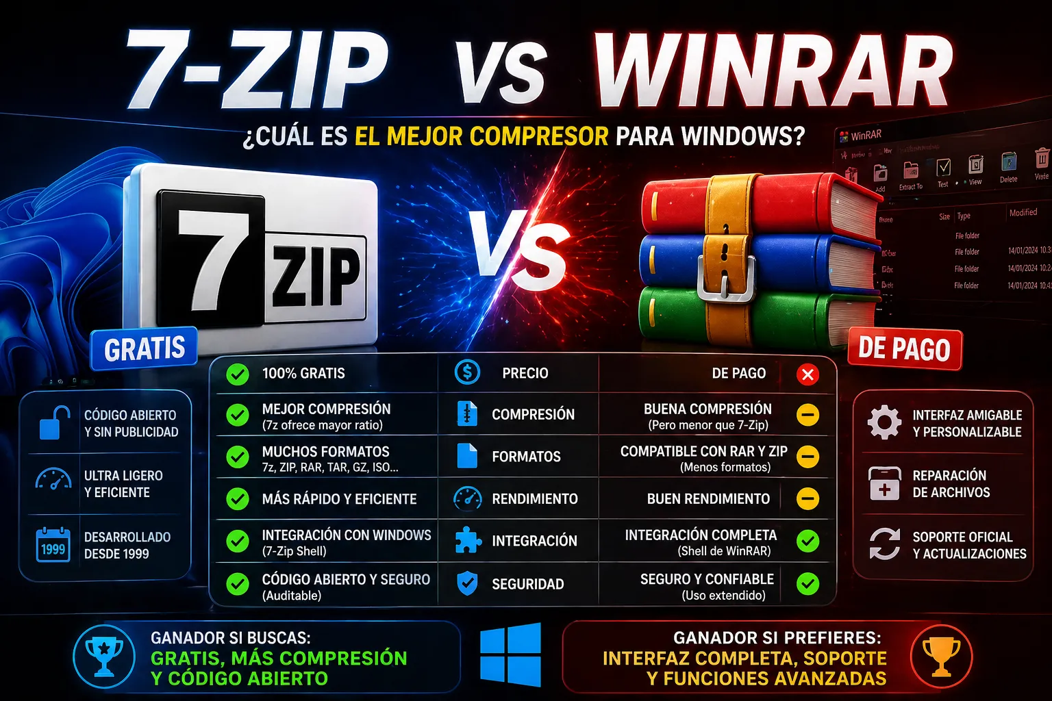 Comparativa entre los iconos de 7-Zip y WinRAR en un escritorio de Windows
