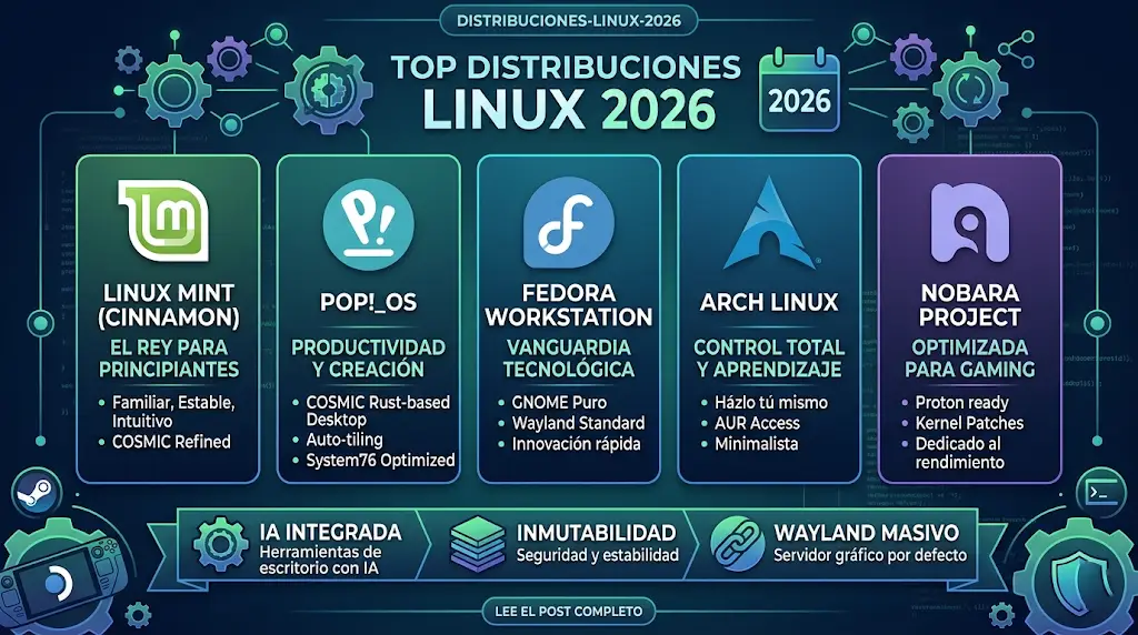 Logos de diversas distribuciones Linux sobre un fondo de código fuente