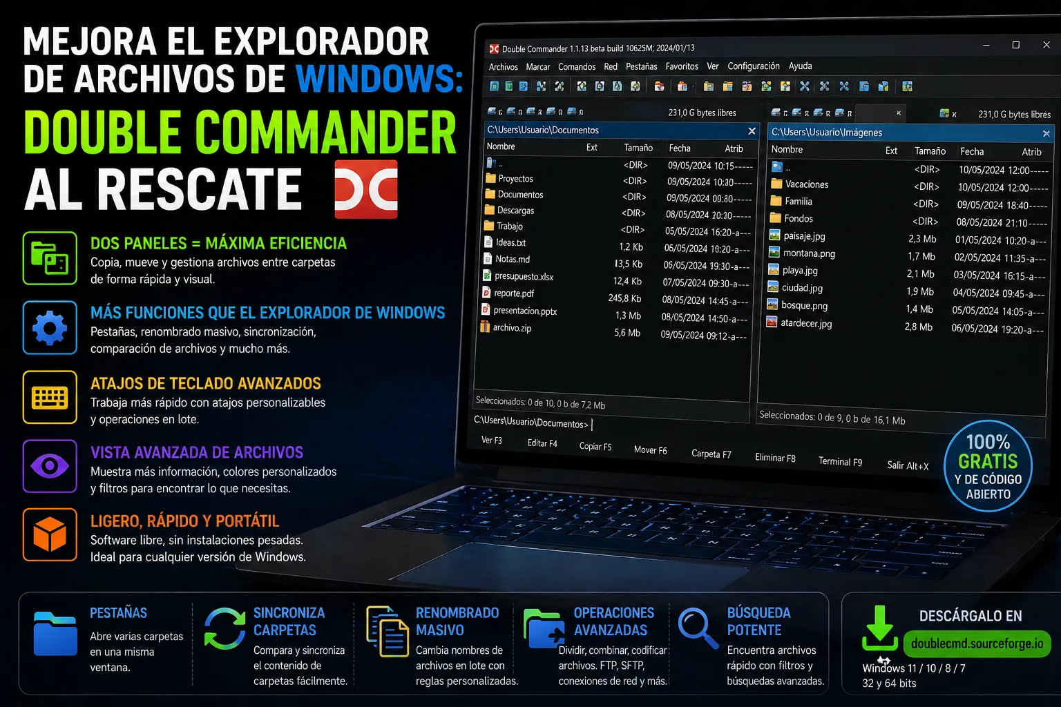 Interfaz avanzada de Double Commander en Windows 11