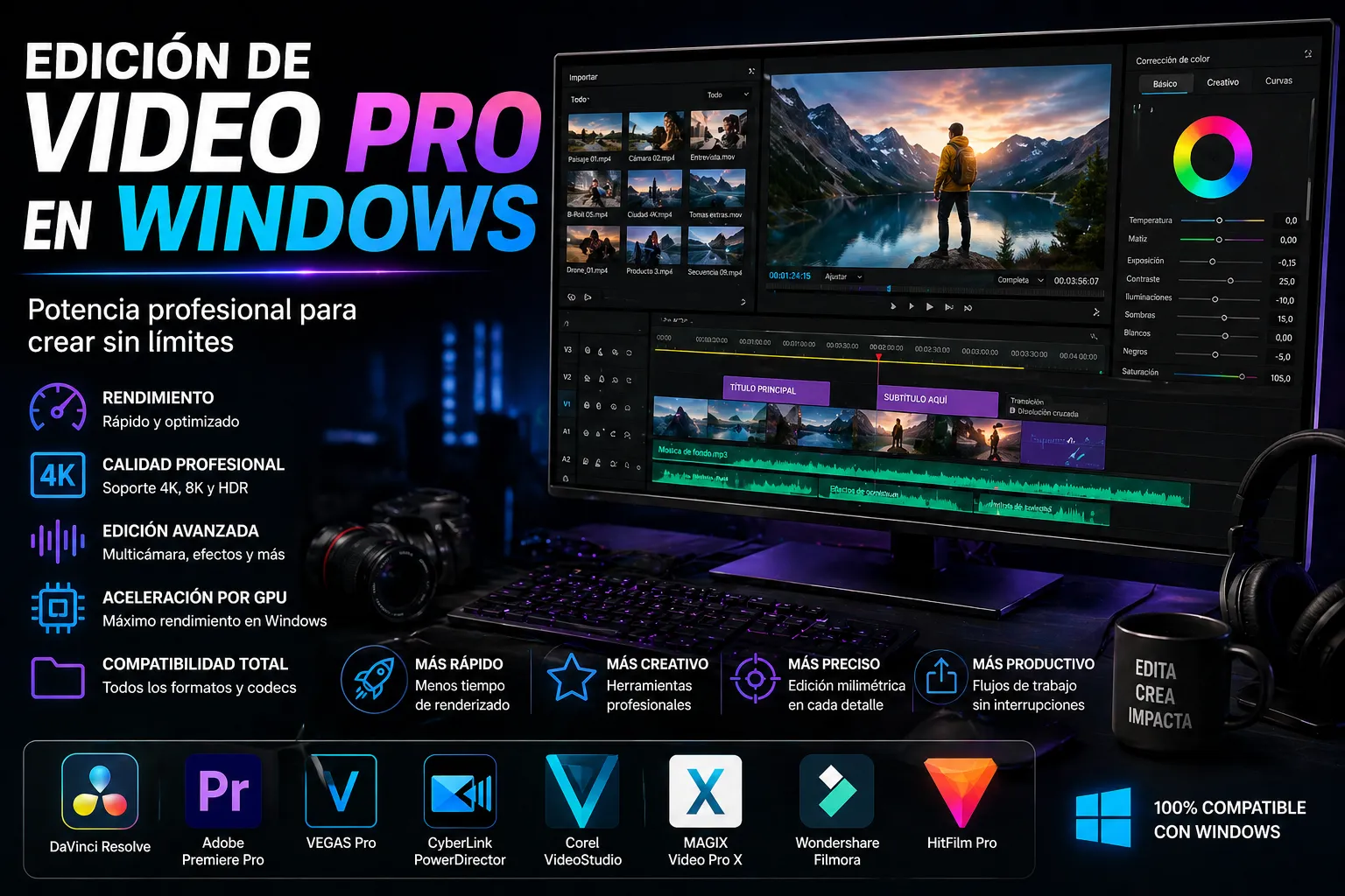 Interfaz de DaVinci Resolve siendo operada en un PC con Windows