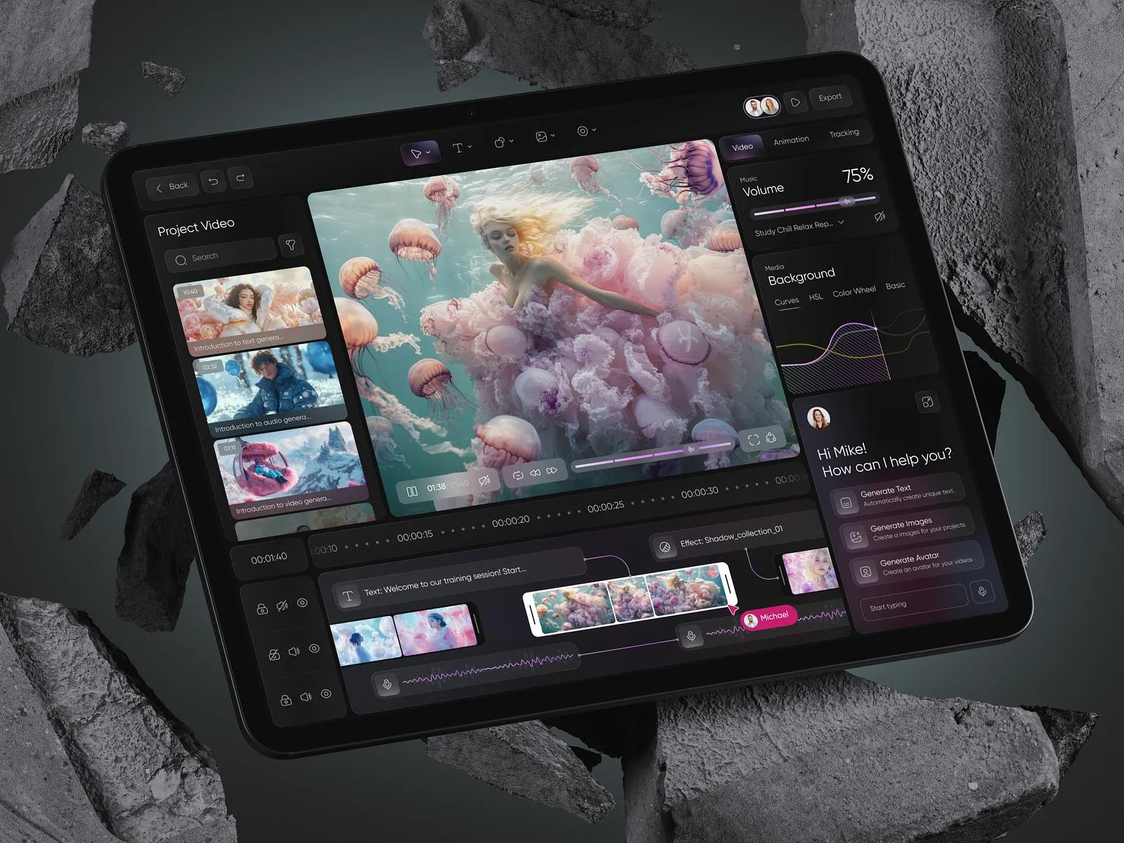 Interfaz de edición de vídeo futurista con ondas de IA