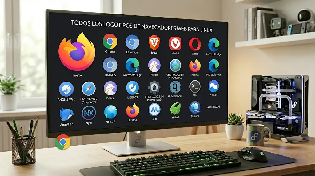 Mosaico de logotipos de navegadores web sobre un fondo de código Linux