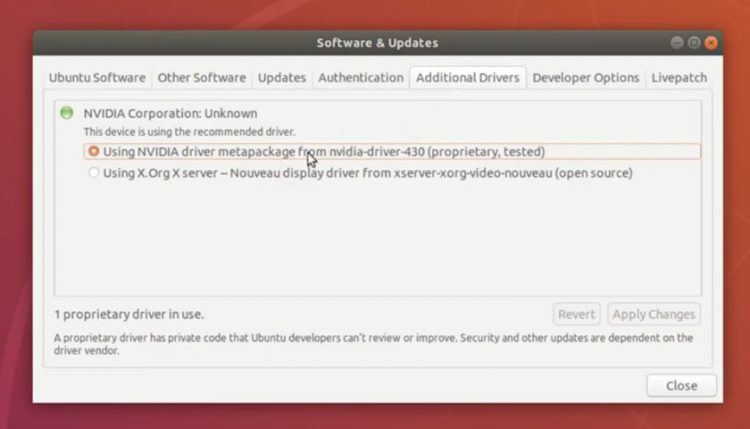 la habilitación de controladores propietarios de nvidia en Ubuntu LTS 18.04