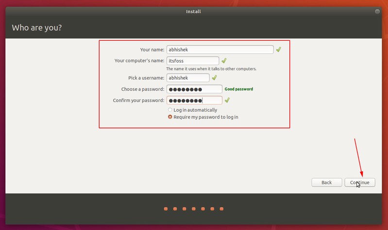 Establecer nombre de usuario y contraseña en Ubuntu instalar