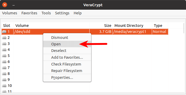 veracrypt abrir el volumen externo en el administrador de archivos