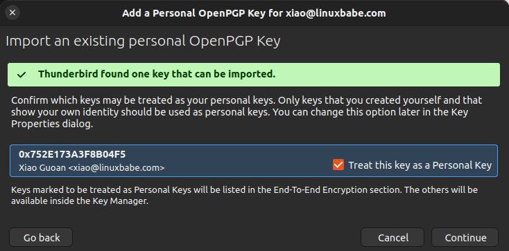 Importar una clave personal openpgp existente