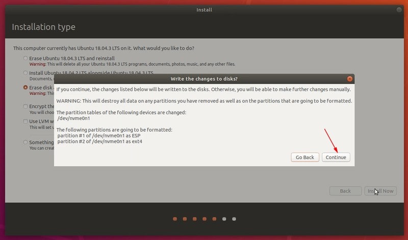 Advertencia para el formato de disco durante la instalación de Ubuntu