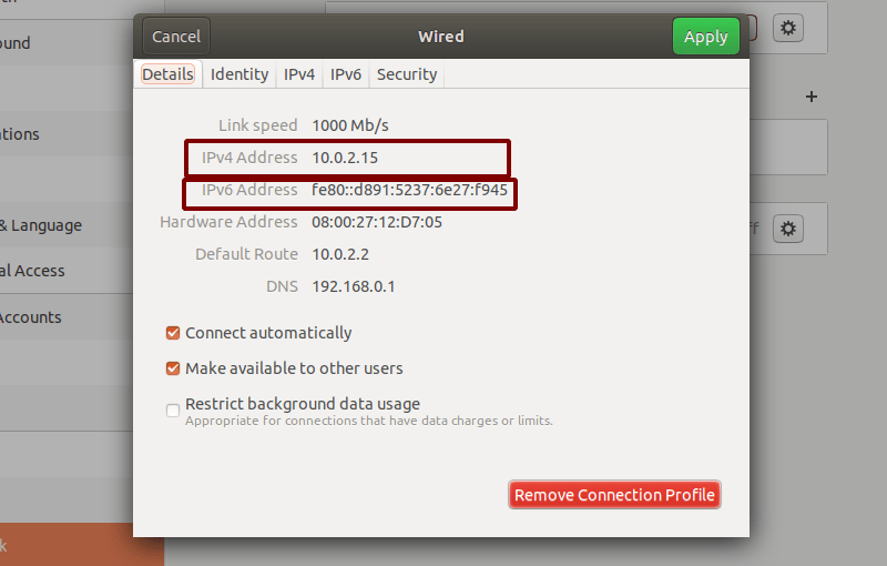 Dirección IP de la GUI de Ubuntu